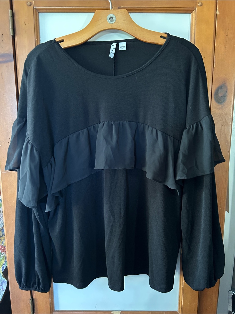 Elle Black Ruffle Detail Long-Sleeve Top